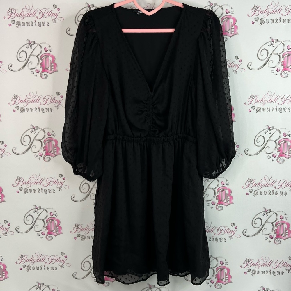 Zara dress polka dot dotted bubble sleeves mini Black Long Sleeve Dress